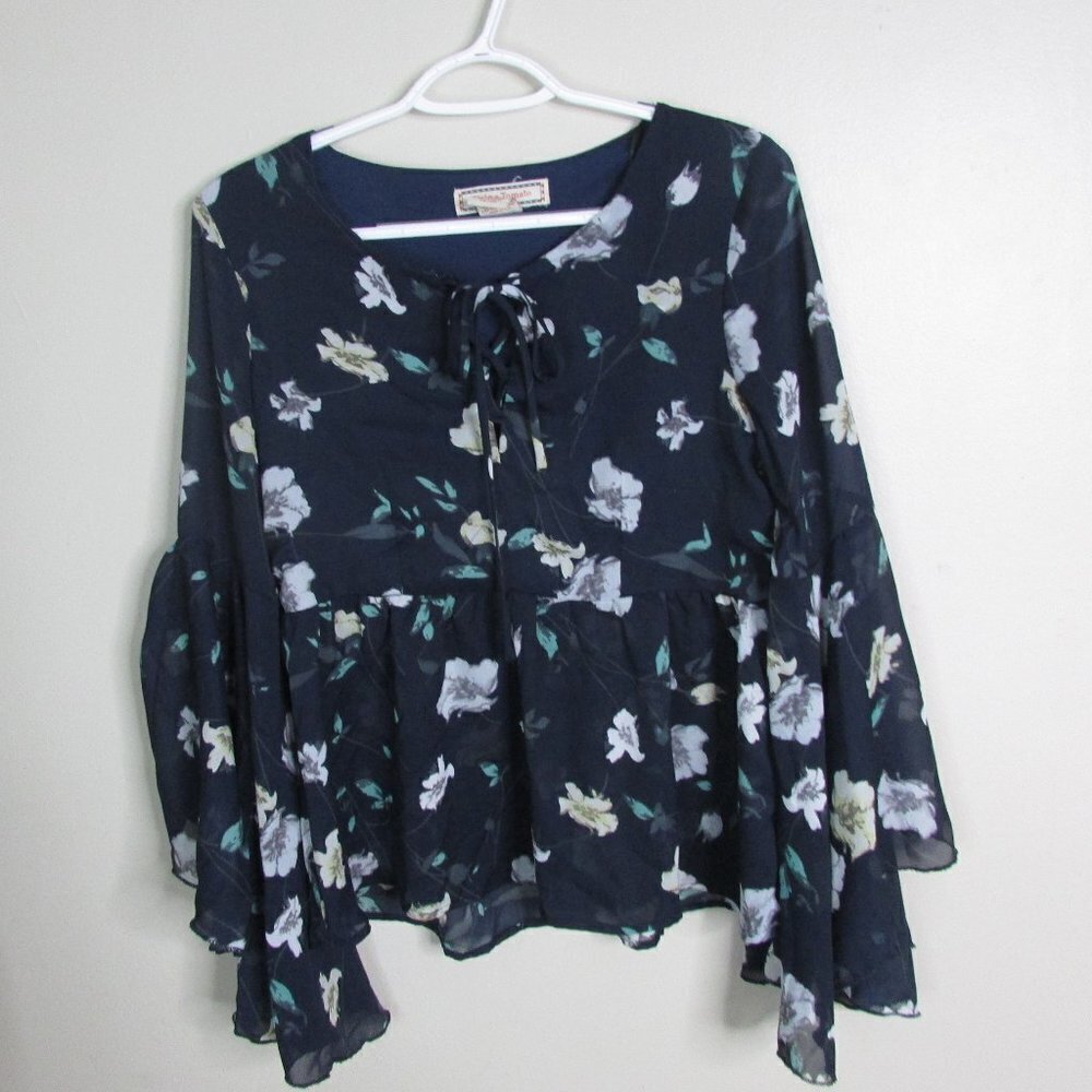 Flying Tomato Blouse S Blue Floral Bell Sleeve